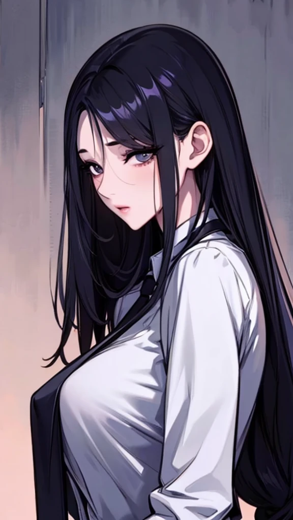 tmasterpiece、topquality、hight resolution、High-quality images、8K、1womanl、more detailed、Detailed Eye Image、Skin Gloss、shiny black hair、Monochrome shades of gray、Liza、portlate、Men、Shirt、neck tie、Costumes