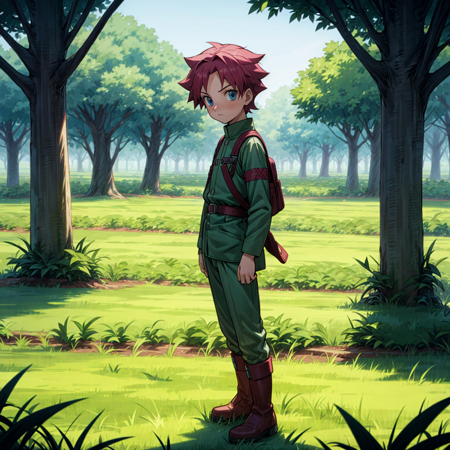 1kid boy, Full body version, 1character, blue eyes, short haircut, magenta color hair, Farmer style outfit, Boots, Grassroots, full background in field town, motion blur, lighting, (Hunter x Hunter style art)