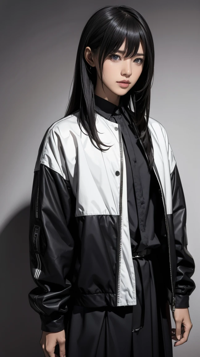 Asian Hair Bangs longs,Jacket Black and Shirt Black,rockstar,white wallpaper
