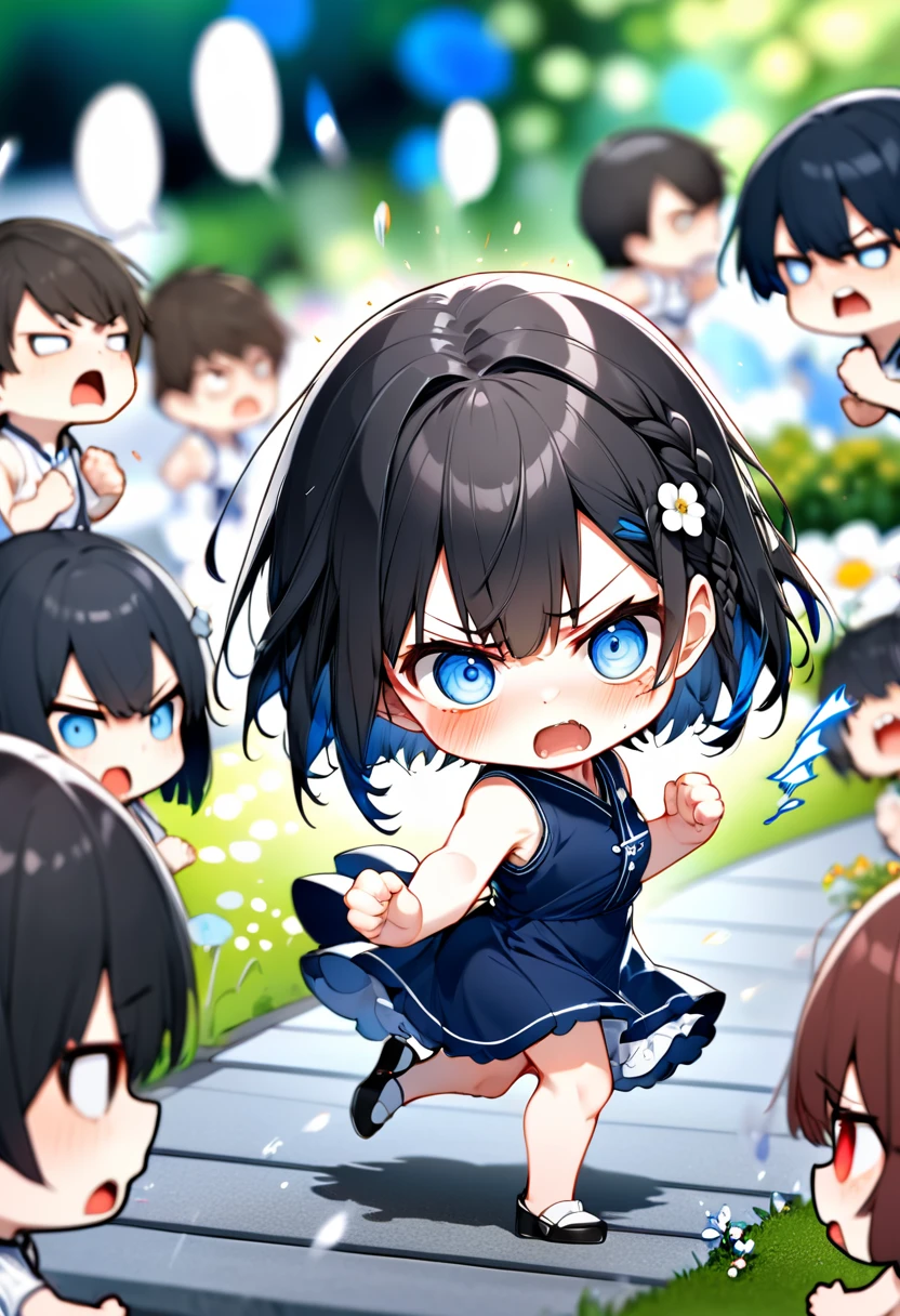 Highest quality、High resolution、Detailed Background、Beautiful face in every detail、Anatomically correct、Detailed facial expressions、fine grain、((From the side))、((One Girl))、Chibi Girl、 Black Hair、beautiful clear big blue eyes、Braided Bob、Sleeveless dress、The background is a flower bed、Very angry、Throw a punch at the audience、(Motion Blur:1.5), (Blurred hands:1.5) 