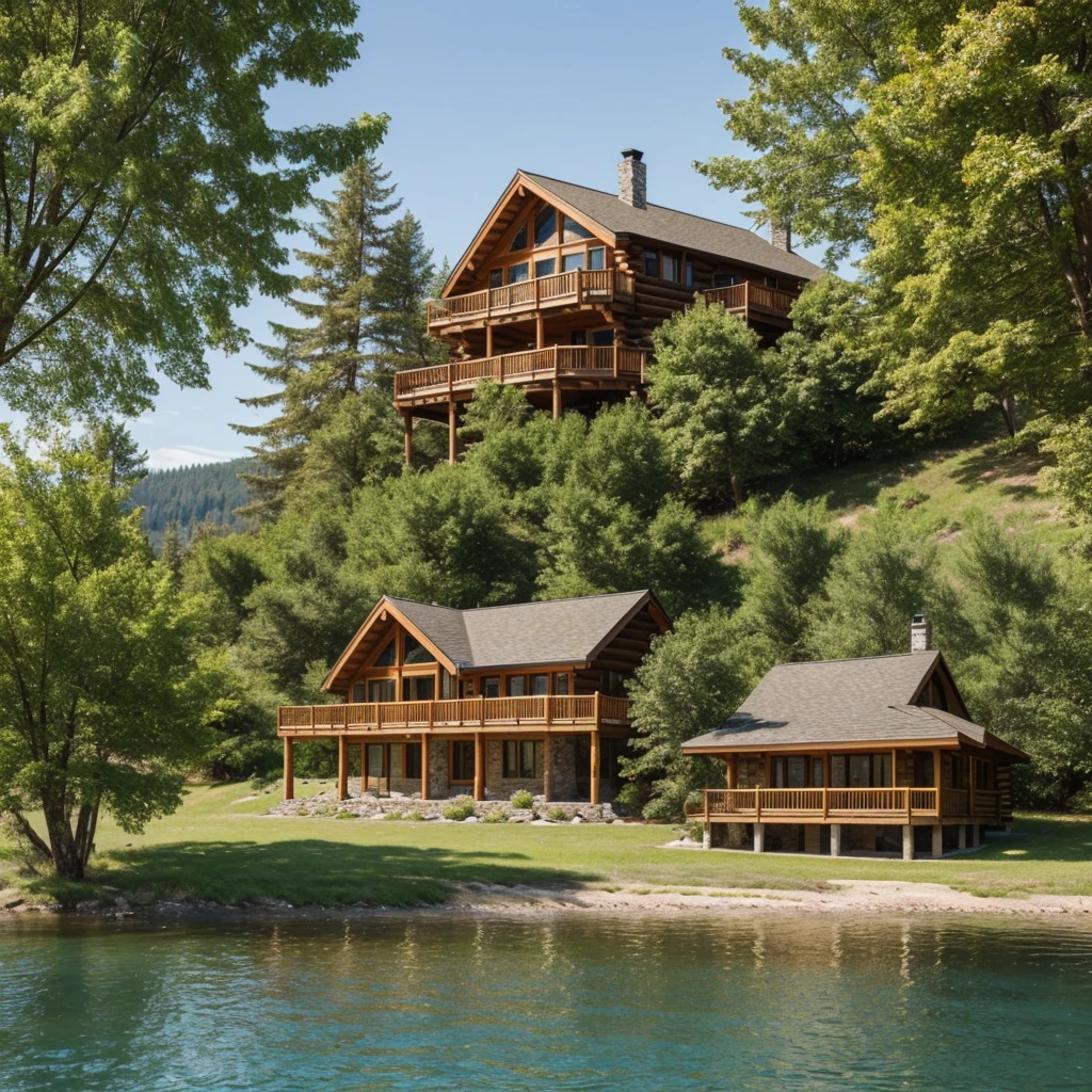 Draw a house by the lake. Log house, in a modern style. The house is on an island. There is a boat pier on the shore. There is a large willow on the shore near the house.
