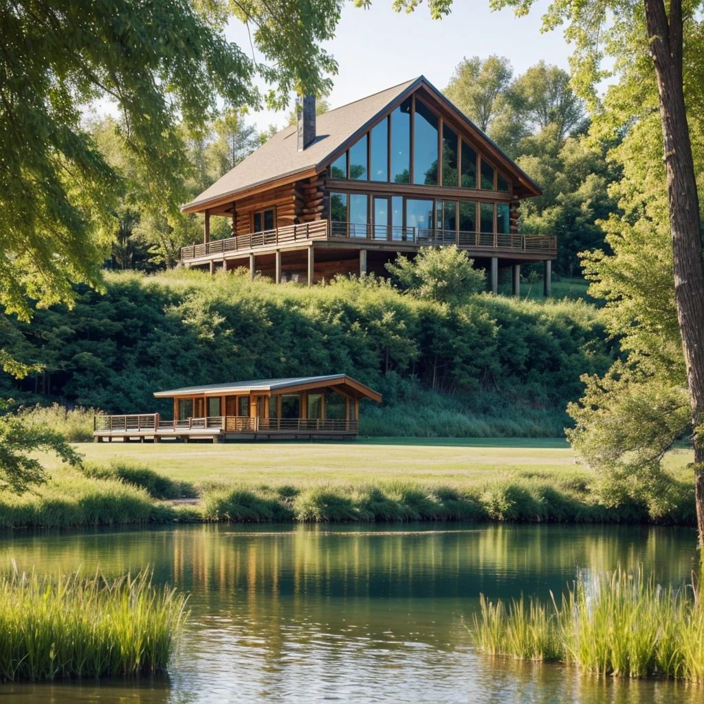 Draw a house by the lake. Log house, in a modern style. The house is on an island. There is a boat pier on the shore. There is a large willow on the shore near the house.