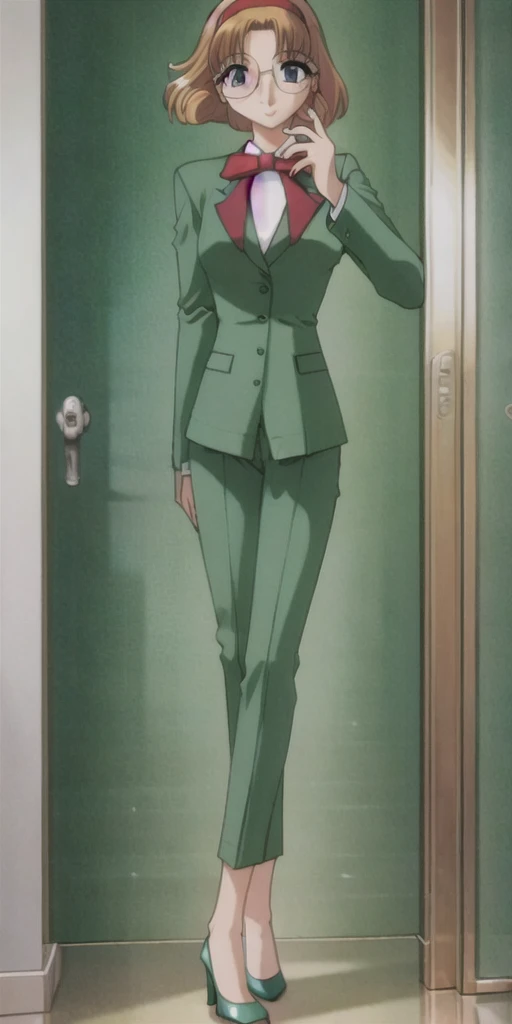 fuu hououji, (4k portrait), masterpiece, best quality,looking at viewer, 1girl,short hair,light brown hair,Glasses,((red hairband)),green blazer,mini skirt,(green high heels:1.4), smile,masterpiece,Noise Reduction,perfect anatomy,high resolution, ultra-detailed,game cg,dutch angle ,beautiful detailed eyes,visualart,five fingers, perfect hands, perfect lighting,BREAK (pants,1.5), full body, arms at sides, BREAK (indoor:1.6), ( Elevator Hall:1.4), she's in the elevator: hall