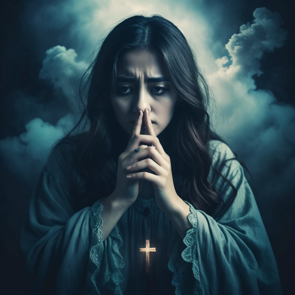Make a dreamy mysterious horror style image symbolizing anxiety and hope, symbols of crossed fingers
