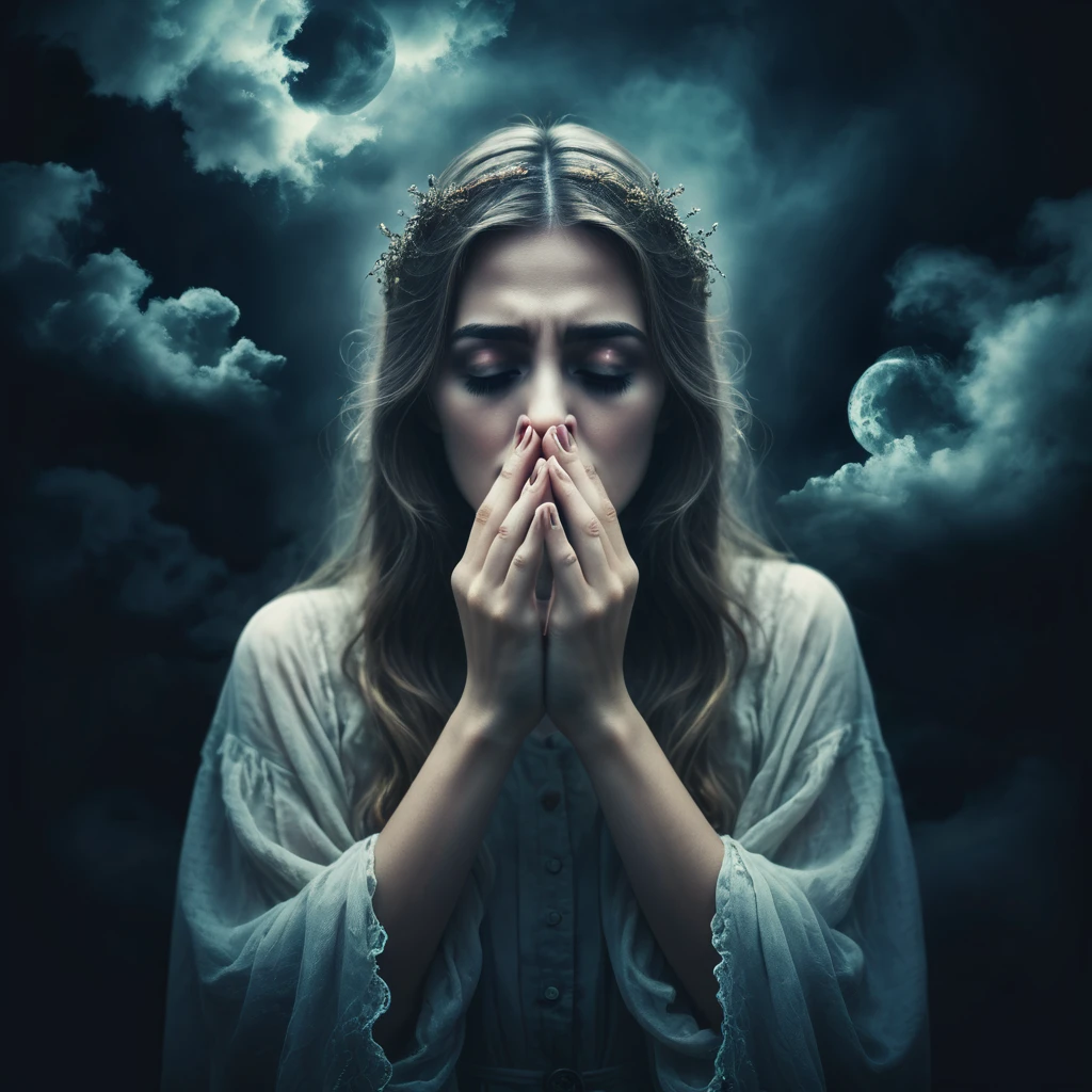 Make a dreamy mysterious horror style image symbolizing anxiety and hope, symbols of crossed fingers