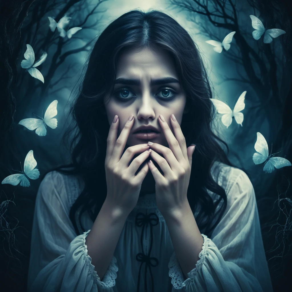 Make a dreamy mysterious horror style image symbolizing anxiety and hope, symbols of crossed fingers