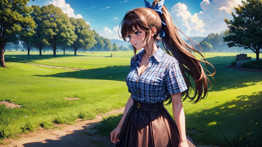 1girl, full body, rural landscape, village, trees, sun, clouds, fantasy, brown hair, ponytail, large breasts, erotic, love, button down shirt, ((blue checked shirt)), ((short sleeved shirt)), ((unbuttoned shirt)), unbuttoning buttons, cleavage 1:3, shirt tied under chest, belly, blue eyes, dark skirt, laugh, standing, hair ribbon, golden necklate