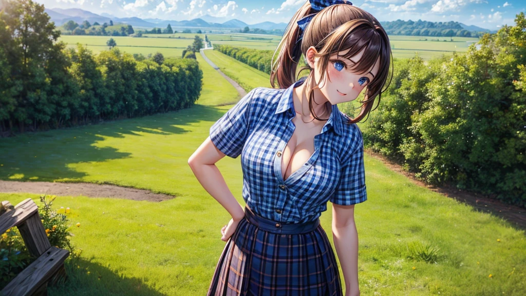 1girl, full body, rural landscape, village, trees, sun, clouds, fantasy, brown hair, ponytail, large breasts, erotic, love, button down shirt, ((blue checked shirt)), ((short sleeved shirt)), ((unbuttoned shirt)), unbuttoning buttons, cleavage 1:3, shirt tied under chest, belly, blue eyes, dark skirt, laugh, standing, hair ribbon, golden necklate