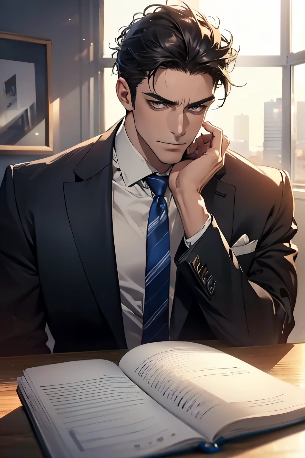 (Best Quality,4k,8k,high resolution,Masterpiece:1.2),ultra detailed,(realist,photorealist,photo-realist:1.37),1 man,31 years,mature man,very handsome,without expresion smile in love,muscled body,short gray black hair,Blue eyes,glare,perfect face without mistakes,imposing posture,businessman,office background,cinematic lighting,imagen HDR