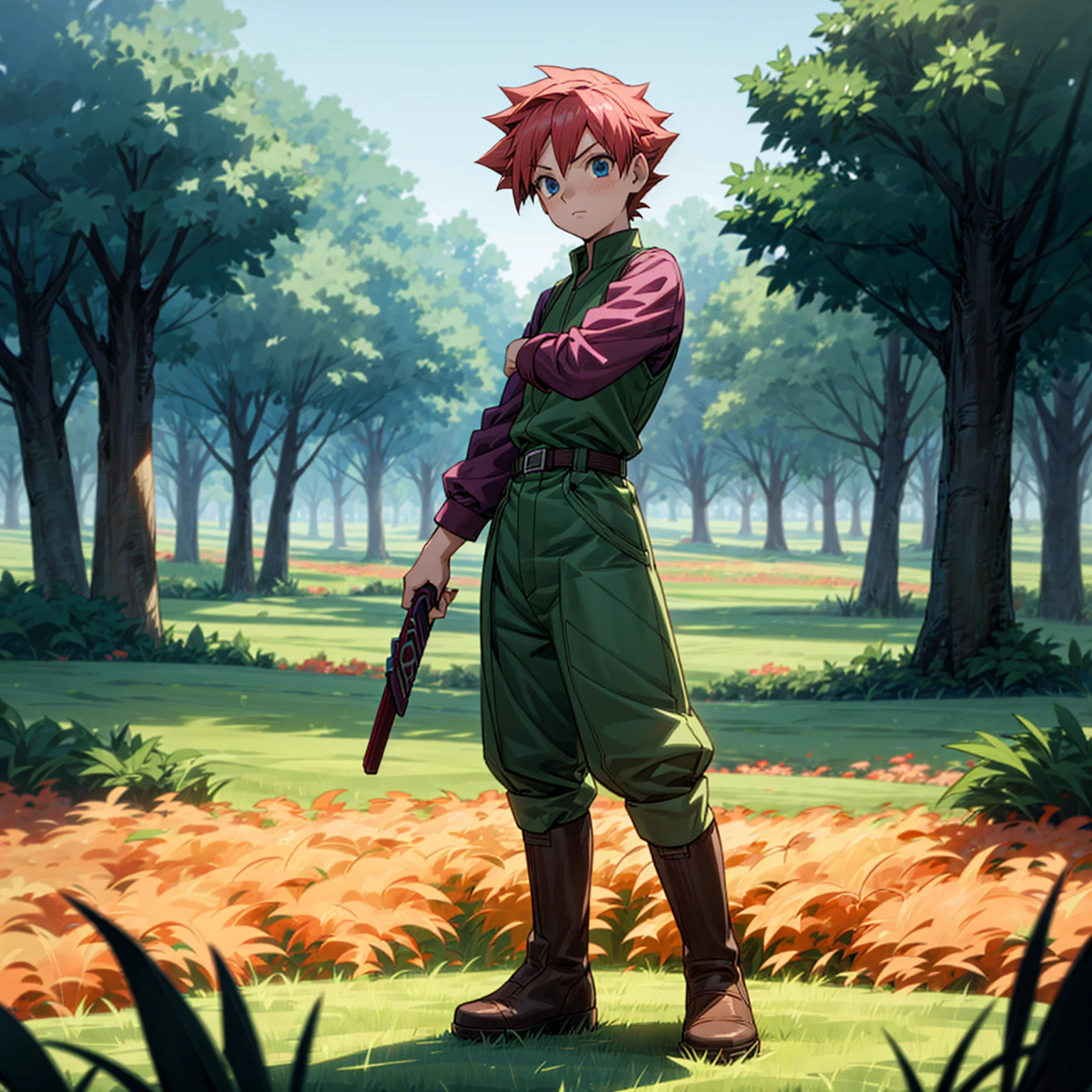 1boy, Full body version, 1character, blue eyes, short haircut, magenta color hair, Farmer style outfit, Boots, Grassroots, full background in field town, motion blur, lighting, (Hunter x Hunter style art), shotgun in hand 