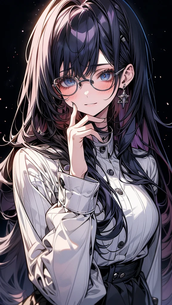 (Top resolution、Distinct_image)top-quality、(A girl) 、masterpiece、highly detailed, half body, Semi-realistic、 ( blue eyes ) 、18year old,
( dark purple hair ) ,young 、Exquisite facial
An expression of shy, Shy girl,
(Wear glasses) ,Facial features ,variation potrait, long hair , age, cool , cold sharp eyes, , {Very detailed 8k CG unit wallpaper}, students, whit oversized shirt ,library background, (black sweater on top)