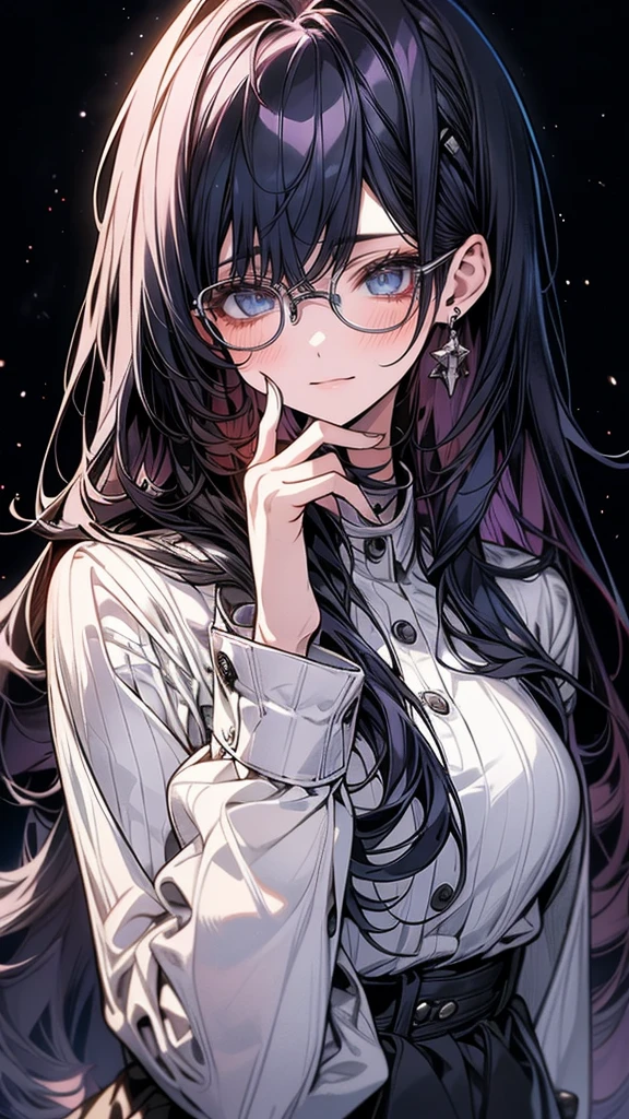 (Top resolution、Distinct_image)top-quality、(A girl) 、masterpiece、highly detailed, half body, Semi-realistic、 ( blue eyes ) 、18year old,
( dark purple hair ) ,young 、Exquisite facial
An expression of shy, Shy girl,
(Wear glasses) ,Facial features ,variation potrait, long hair , teenage, cool , cold sharp eyes, , {Very detailed 8k CG unit wallpaper}, students, whit oversized shirt ,library background, (black sweater on top)
