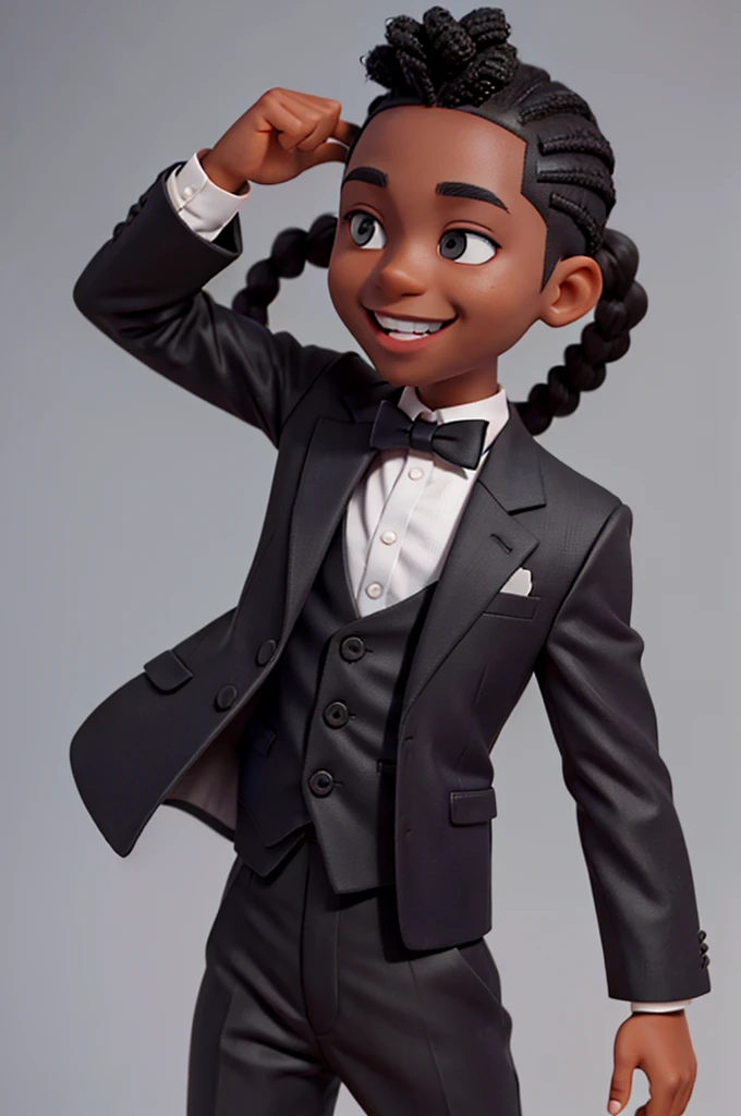 boy character, in black skin color, wear a blazer and black pants, smiling face and braids on the top of the head and shaved side of the head, do it yourself