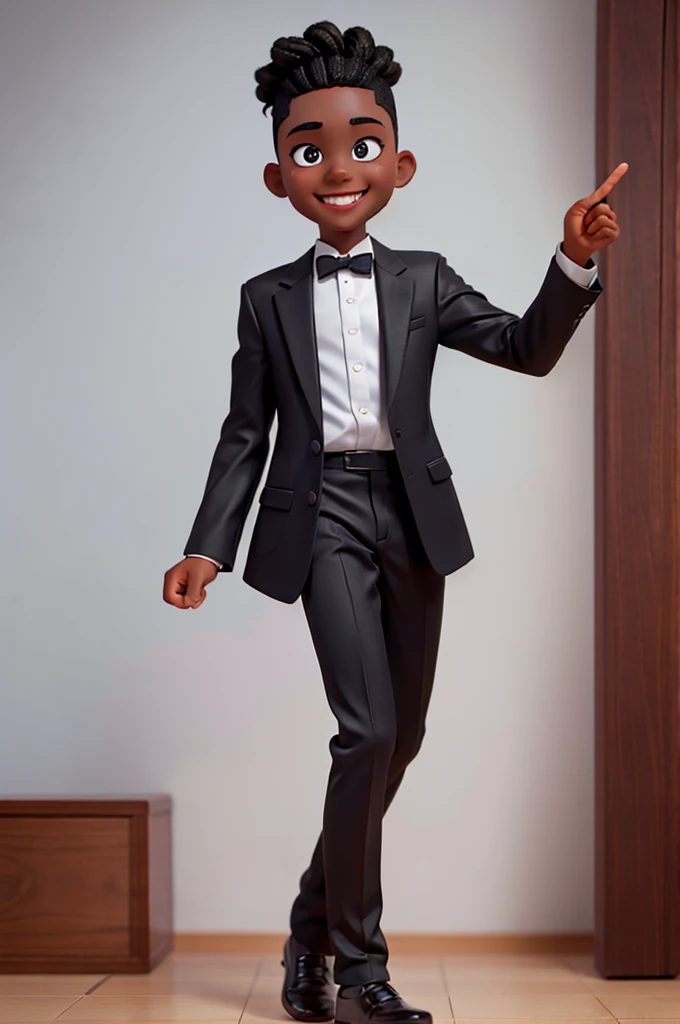 boy character, in black skin color, wear a blazer and black pants, smiling face and braids on the top of the head and shaved side of the head, do it yourself