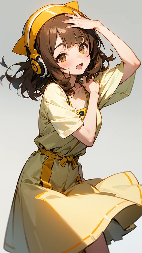One girl, Brown Hair, Medium Hair, Textured skin, chest, Open your mouth, Bright Eyes, happiness/joy, Simple Background, Headphones worn behind the head, Anime Bangs, Minimalist, Dress up、Hair that hides one eye, Shiraishi Mai