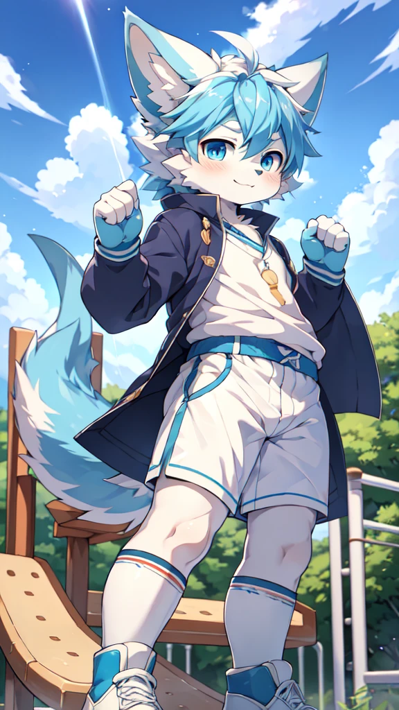 Blue hair,White hair,Blue dragon tail,The end of the tail has white fuzz,hairy,God of Art Super Top Quality, Super detailed, High resolution, Anime cute art style, The best anime, 8k, Kona sauce wallpaper, Pixiv Contest Winners, Perfect anatomical structure, , (Energetic teenager, :1.3), High resolution详细的头发,Iris and pupil are well proportioned,Blue pupils,Blue ears,Single,Light blue coat,White shorts,White boots,playground