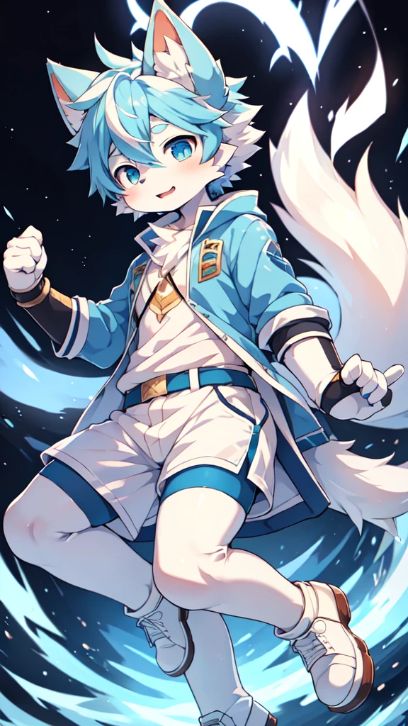 Blue hair,White hair,Blue dragon tail,The end of the tail has white fuzz,hairy,God of Art Super Top Quality, Super detailed, High resolution, Anime cute art style, The best anime, 8k, Kona sauce wallpaper, Pixiv Contest Winners, Perfect anatomical structure, , (Energetic ager, 13 y), High resolution详细的头发,Iris and pupil are well proportioned,Blue pupils,Blue ears,Single,Light blue coat,White shorts,White boots,playground