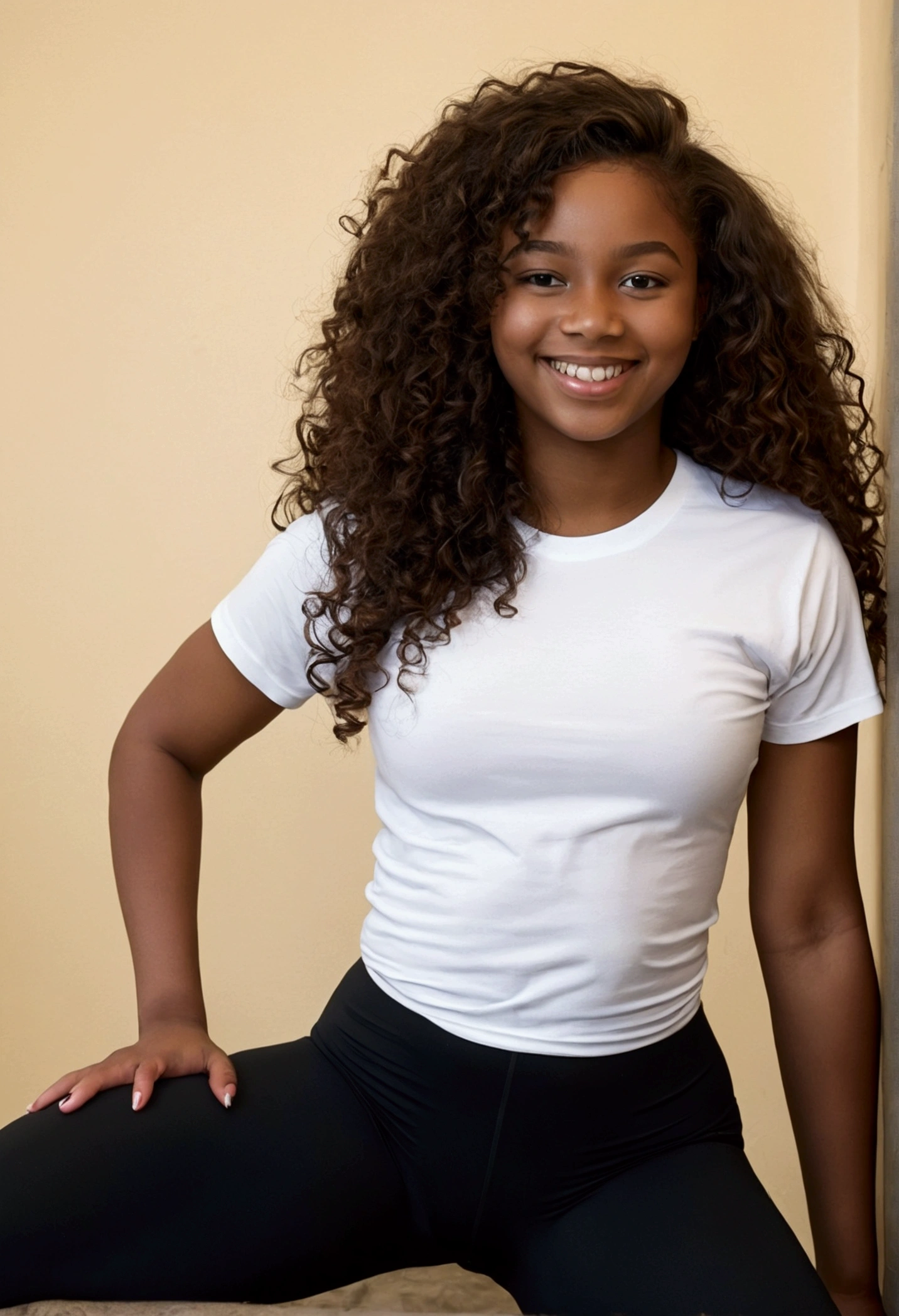 Teen (16 years old) Ebony girl, long curly hair, REALLY huge thighs, milf, white T-shirt and black legging, cameltoe pussy, smiling