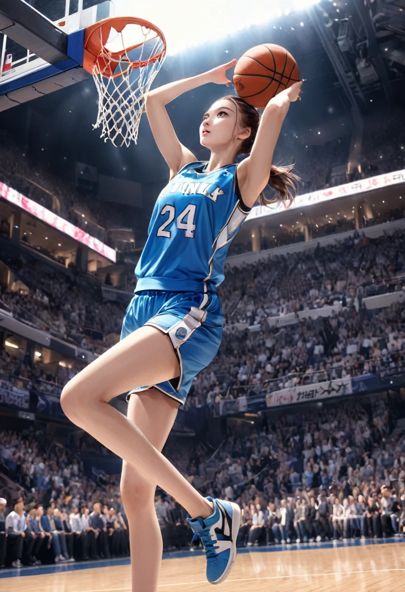 Young and beautiful woman,(Highest quality,Extremely detailed depiction,Incredible high resolution,Anatomically accurate depiction,software),(Glowing Skin,Glowing Skin,Sweat),basketballの選手,basketballのユニフォーム,basketball,Awesome dunk shot,Winning goal,background:basketballの試合中,From directly below:1.3