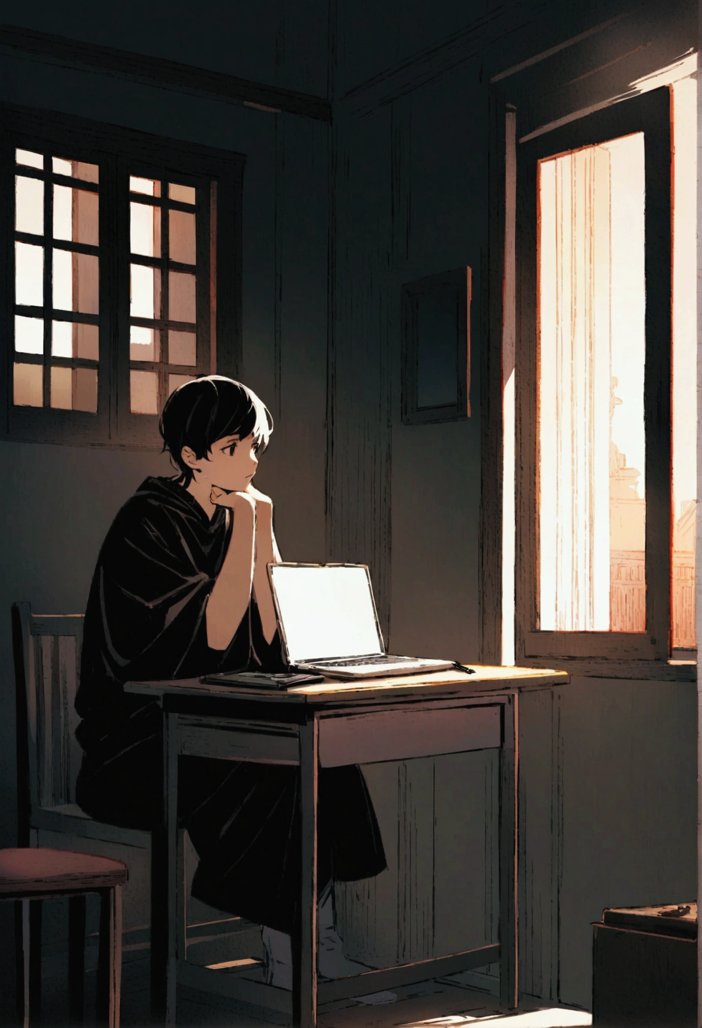 The protagonist sits in a cozy, minimalistic room with natural light streaming through the window. A desk holds a closed laptop, a journal, and a pen. The protagonist looks contemplative, gazing out the window.