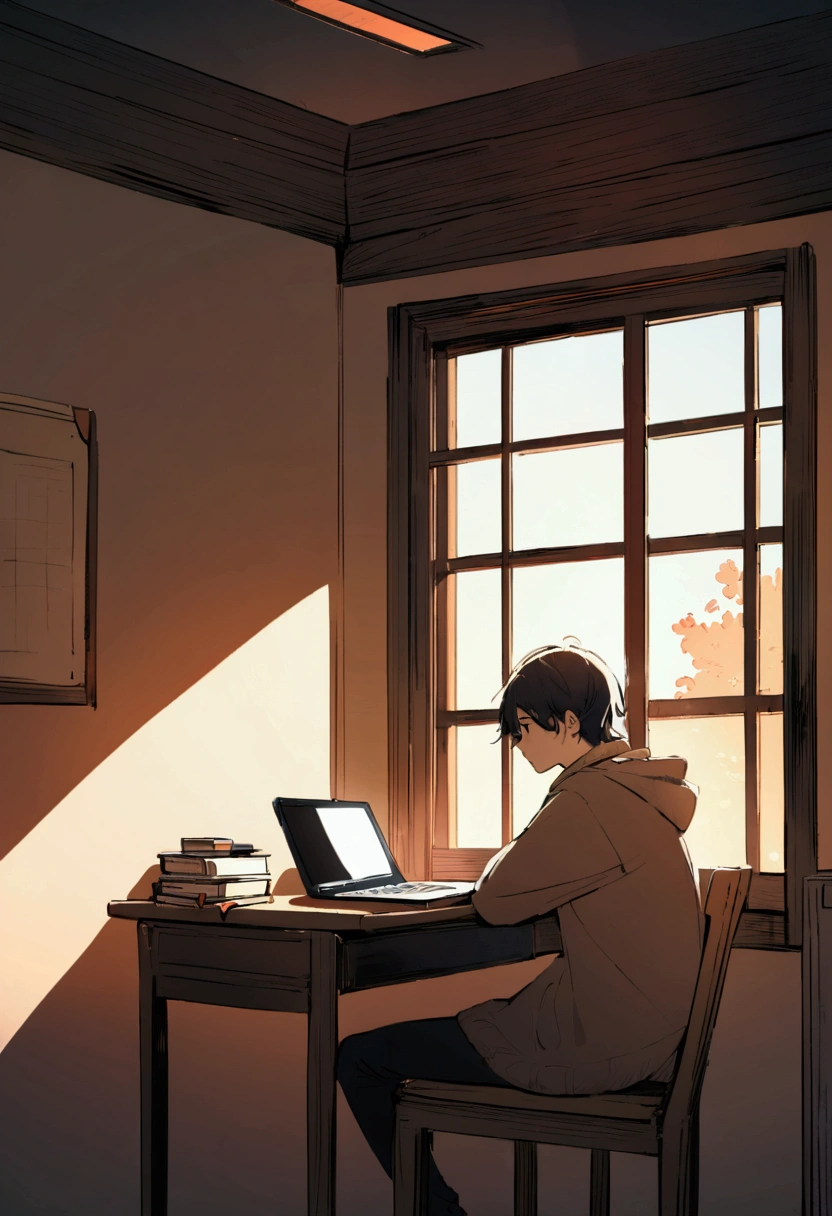 The protagonist sits in a cozy, minimalistic room with natural light streaming through the window. A desk holds a closed laptop, a journal, and a pen. The protagonist looks contemplative, gazing out the window.