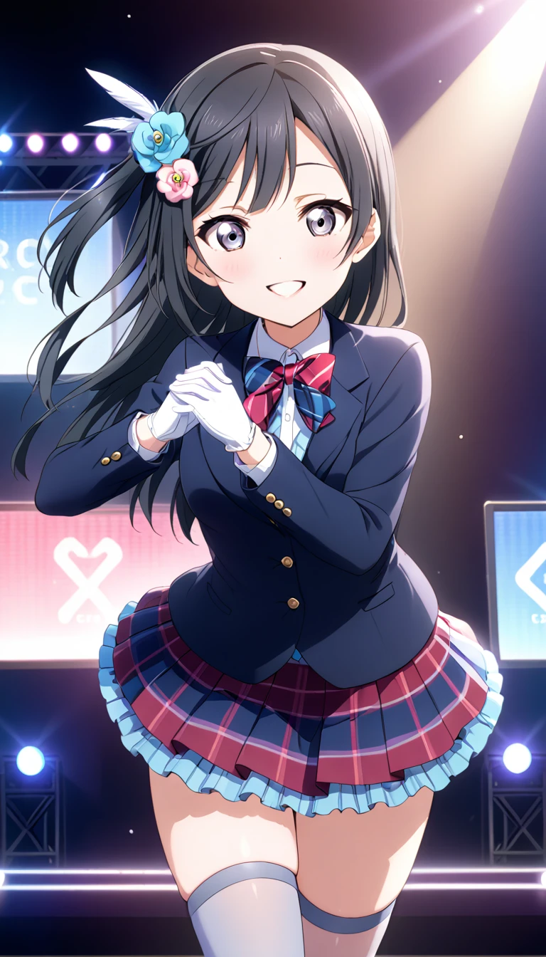 masterpiece, best quality, one side up, feather hair ornament, hair flower, white gloves, legwear, thighhighs,  (1girl), (solo), otonokizaka ,winter uniform, red striped bow tie, navy blue blazer, blue striped pleated skirt,from front, on live stage,dancing ,smile,spot brilliant light,BREAK score_9, score_8_up, score_7_up, score_6_up, source_anime 