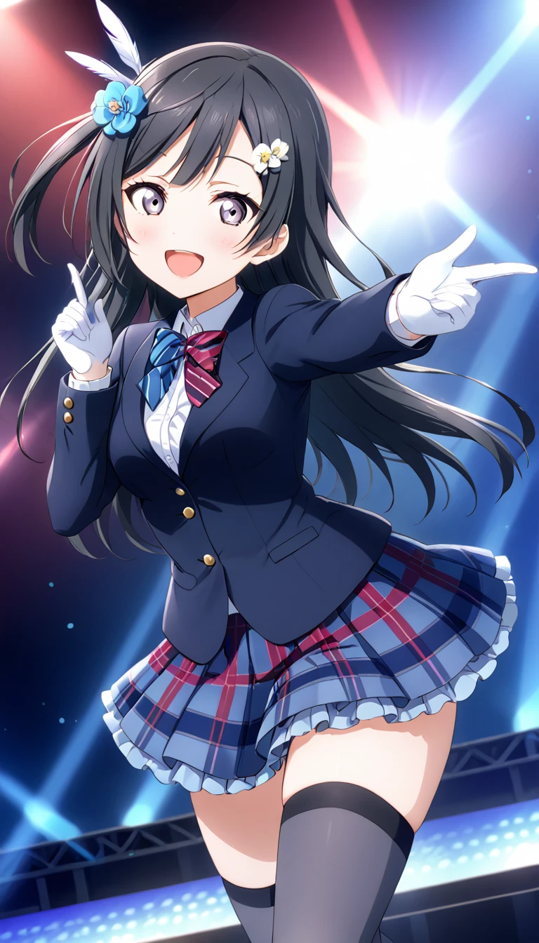 masterpiece, best quality, one side up, feather hair ornament, hair flower, white gloves, legwear, thighhighs,  (1girl), (solo), otonokizaka ,winter uniform, red striped bow tie, navy blue blazer, blue striped pleated skirt,from front, on live stage,dancing ,smile,spot brilliant light,BREAK score_9, score_8_up, score_7_up, score_6_up, source_anime 