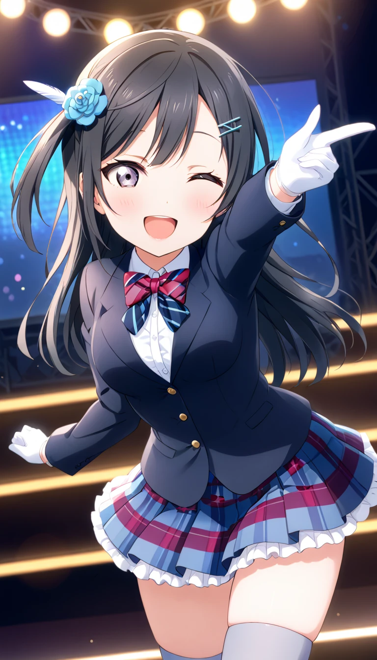 masterpiece, best quality, one side up, feather hair ornament, hair flower, white gloves, legwear, thighhighs,  (1girl), (solo), otonokizaka ,winter uniform, red striped bow tie, navy blue blazer, blue striped pleated skirt,from front, on live stage,dancing ,smile,spot brilliant light,BREAK score_9, score_8_up, score_7_up, score_6_up, source_anime 