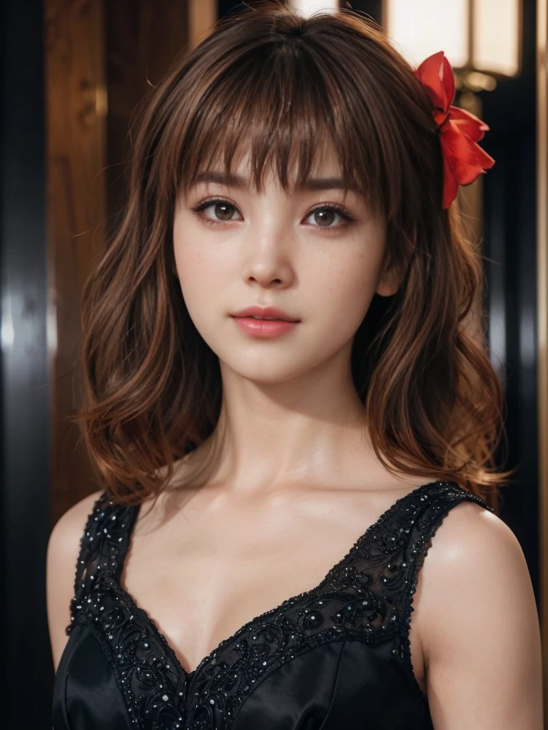 Kasumi, brown eyes, (best quality, ultra-detailed), (realistic:1.37), beautiful and detailed face, ultra-realistic texture, delicate face, delicate body, red lipstick, bright colors. High definition, 8K. expression a slight sweet smile