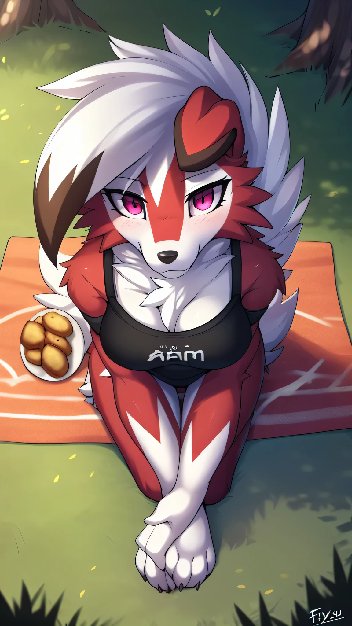 from Zinfew,отwistedscarlet60, uploaded to pixiv, from down-kevlar, (masterpiece), (Best quality), (Solo Woman:1.2), (extremely detailed:1.3),(detailed eye,black circle on the eye,Pink Eye), Lycanroc midnight, view in viewer, close view, Shy face, half body in portrait, only body and head, close view,Adult body posture, slender body, (165 cm),Lycanrock close up photo, in the park, a picnic, a picnic rug on ground, Lycanroc sitting on the carpet, red and white checkerboard carpet, food on the mat, holding a spoon with a piece of food, wear a cropped sports T-shirt and sports shorts