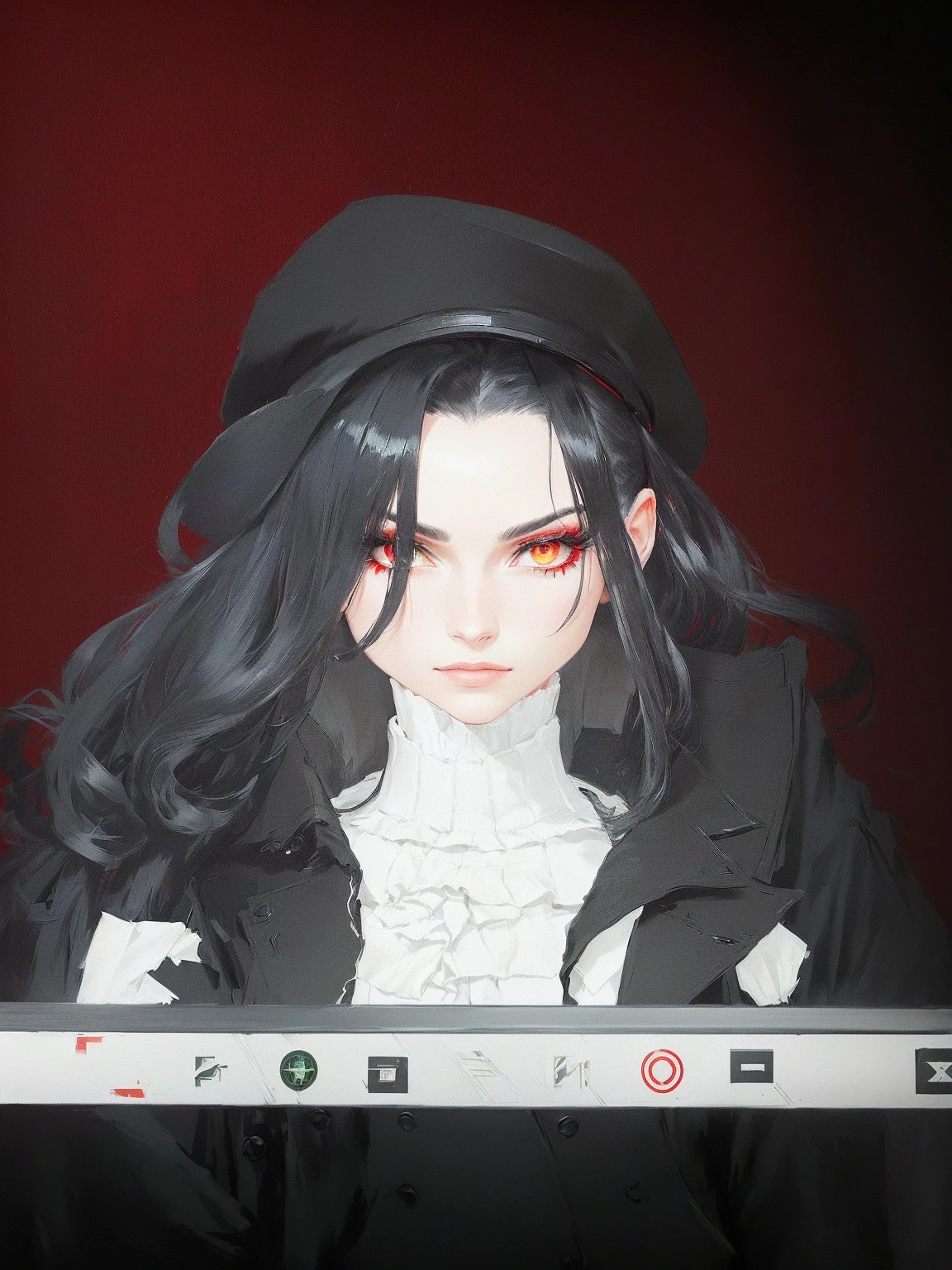 a millitary general with black and white hair, a red and green clockwork eyes. She has a millitary designed outfit with a military suit and a tie, military badges, and a military hat,Pointy Ears,