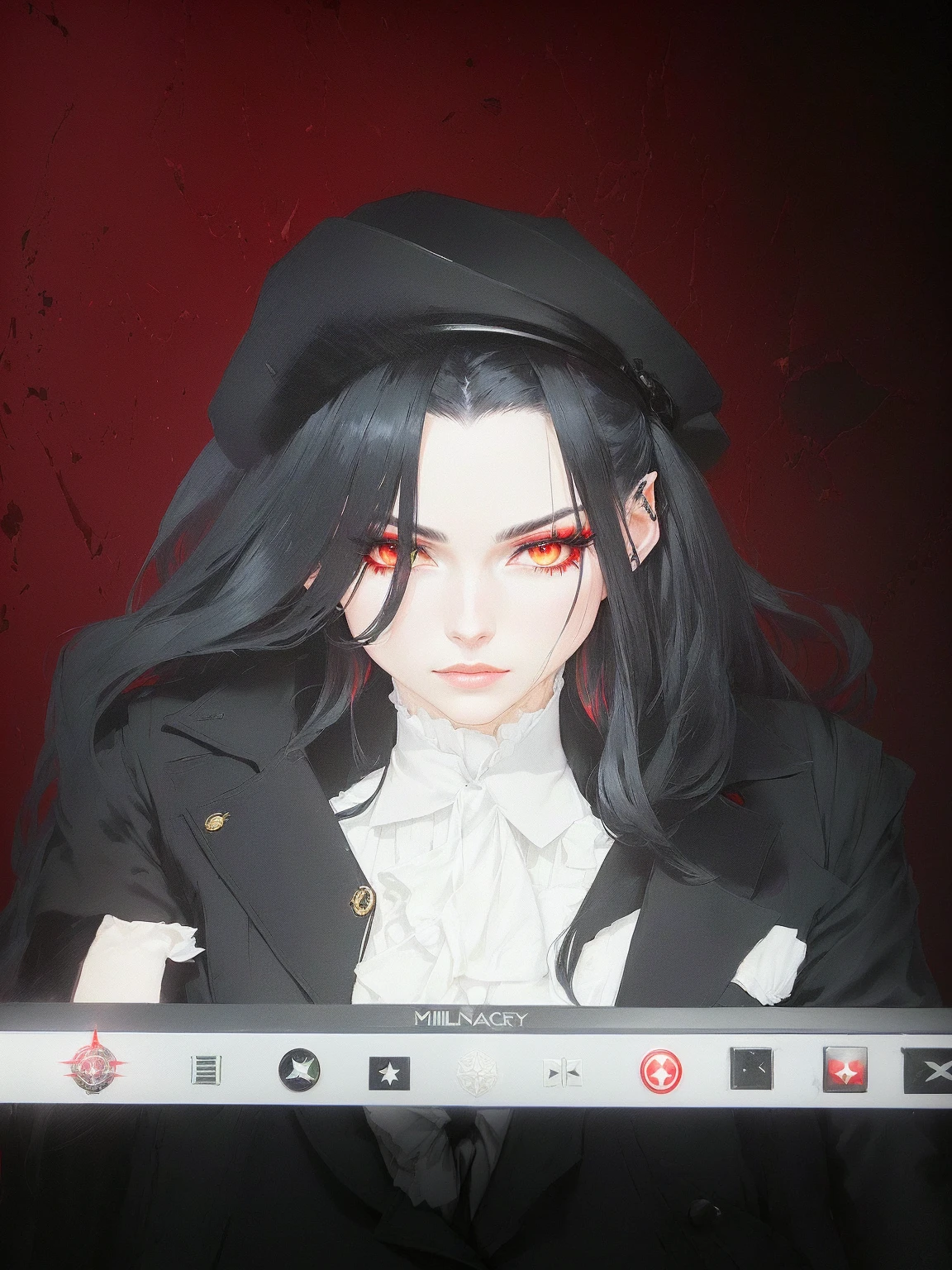 a millitary general with black and white hair, a red and green clockwork eyes. She has a millitary designed outfit with a military suit and a tie, military badges, and a military hat,Pointy Ears,
