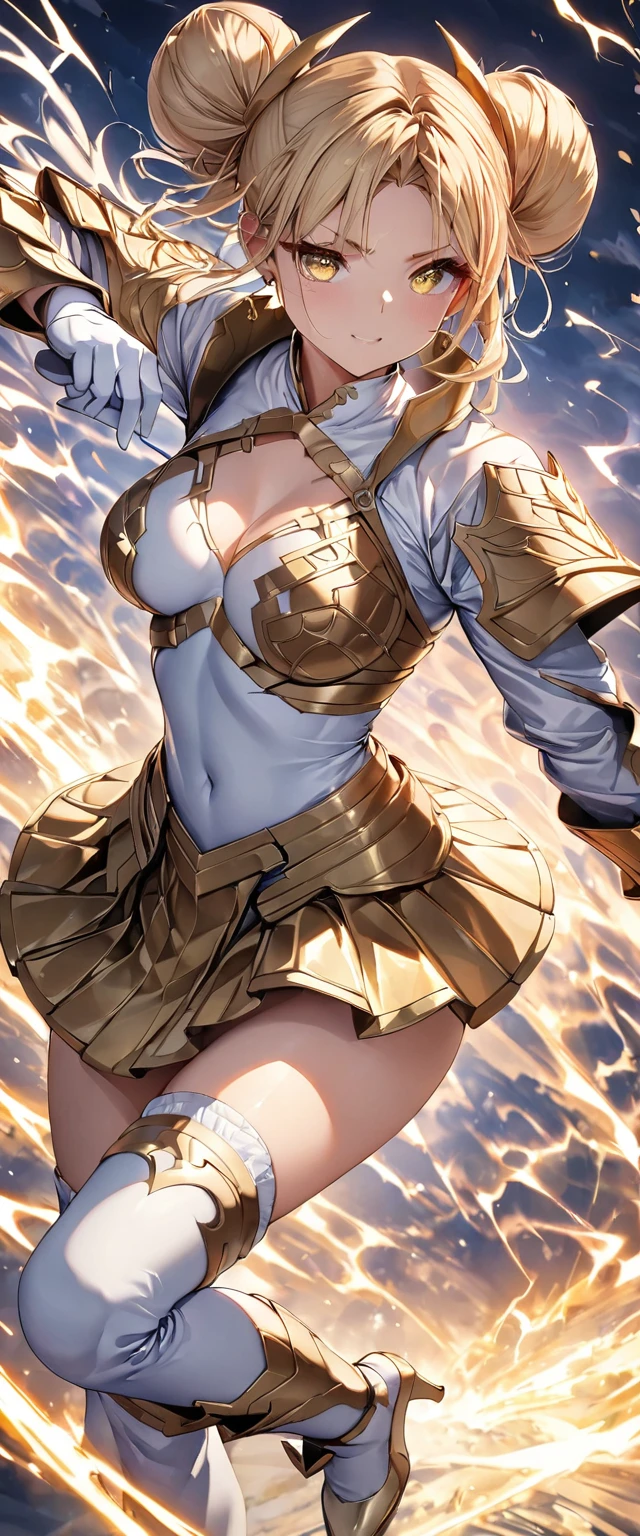 (Perfect Anatomy)、Mastepiece、Ultra High Quality、 8k、masterpiece、Highest quality、Ultra-high resolution、Maximum resolution、Very detailed、Professional Lighting、anime、woman、thin、so beautiful、Highly detailed eye、Highly detailed face、Golden earrings、Blonde, hair bun, Yellow Eyes、Detailed armor patternid-chest, goddess armor, white open mini skirt , full body, gold pattern, white super long boots, white long gloves, female martial artist, high heels, white clawed gauntlets, white cute headgear, gold knee armor, Striking with magical lightning