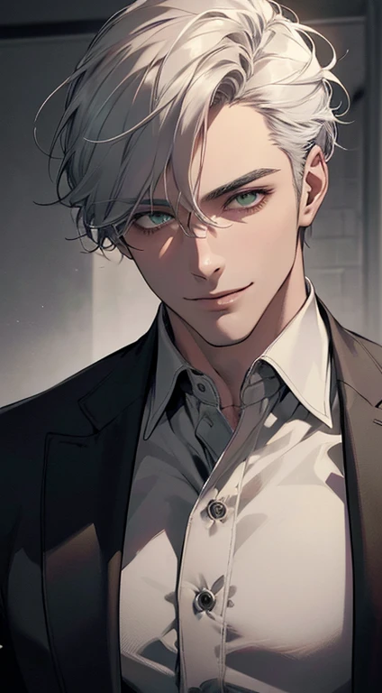 ((a mature man, very handsome, smile in love, short grey white hair, green eyes, perfect face without errors)), ((buttoning the jacket, CEO)), (best quality, masterpiece, 8K, photorealistic, cinematic lighting, hdr image, ultra detailed, beautiful image), (portrait, detailed facial features, intricate textures, realistic skin tones, highly detailed, ultra-realistic), (warm lighting, soft shadows, dramatic lighting), (muted color palette, rich tones), (professional photography, high resolution, studio lighting)