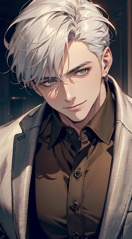 ((a mature man, very handsome, smile in love, short grey white hair, green eyes, perfect face without errors)), ((buttoning the jacket, CEO)), (best quality, masterpiece, 8K, photorealistic, cinematic lighting, hdr image, ultra detailed, beautiful image), (portrait, detailed facial features, intricate textures, realistic skin tones, highly detailed, ultra-realistic), (warm lighting, soft shadows, dramatic lighting), (muted color palette, rich tones), (professional photography, high resolution, studio lighting)