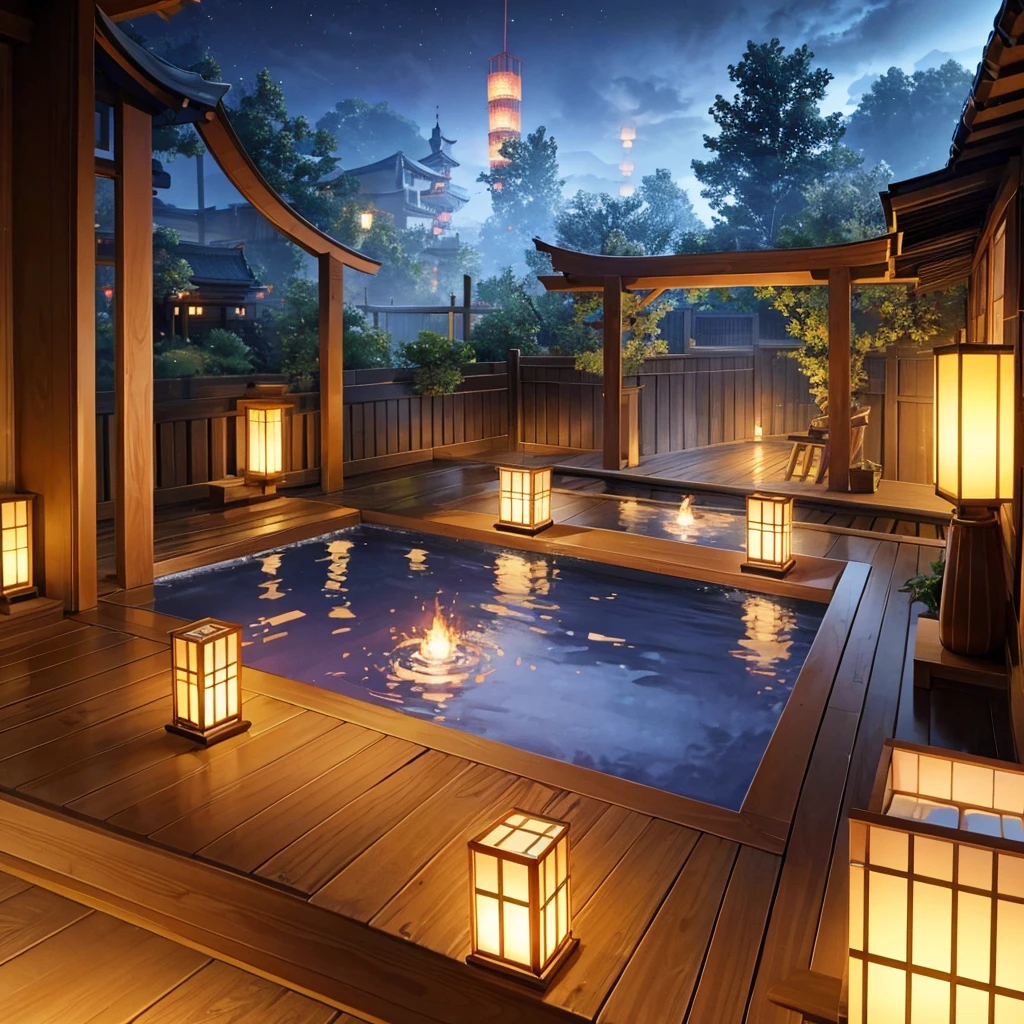 At night, the large bath is beautiful and fantastic with its lights, lanterns, and shoji screens. A distant angle. Beautiful water, an old Japanese hot spring inn