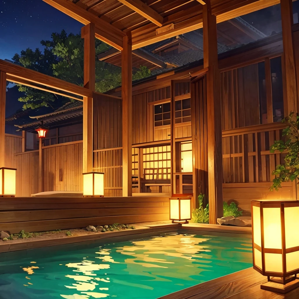 At night, the large bath is beautiful and fantastic with its lights, lanterns, and shoji screens. A distant angle. Beautiful water, an old Japanese hot spring inn