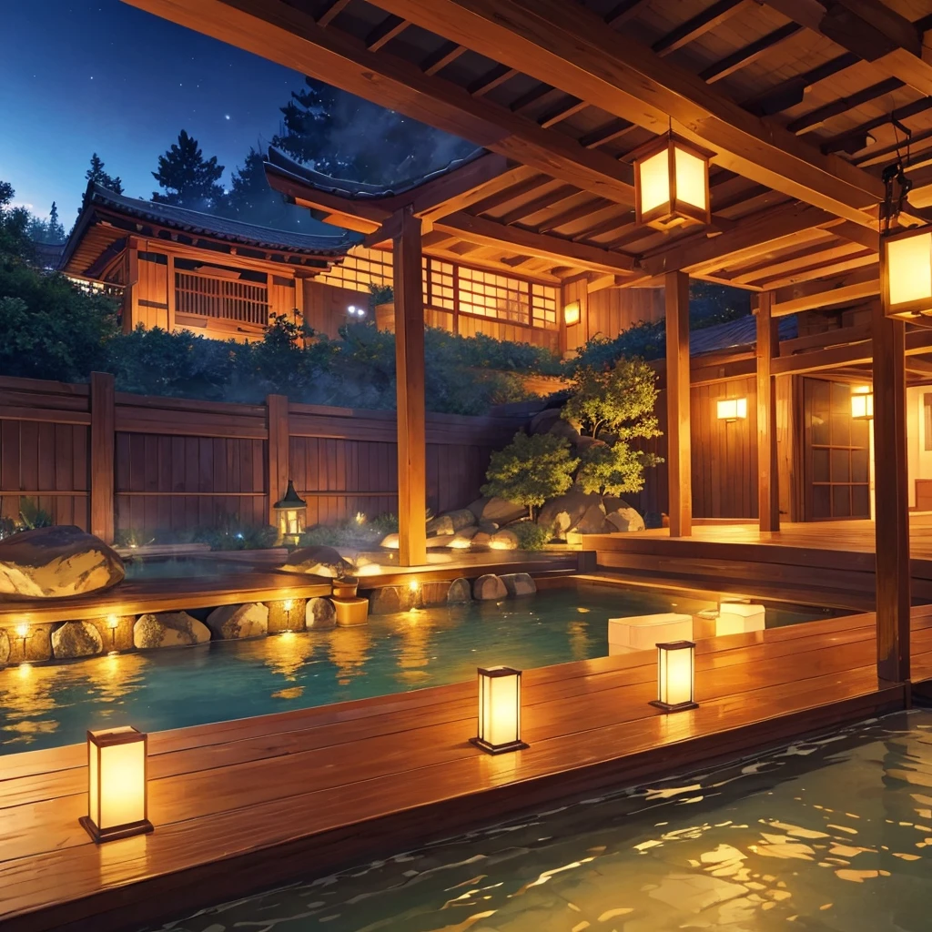 At night, the large bath is beautiful and fantastic with its lights, lanterns, and shoji screens. A distant angle. Beautiful water, an old Japanese hot spring inn