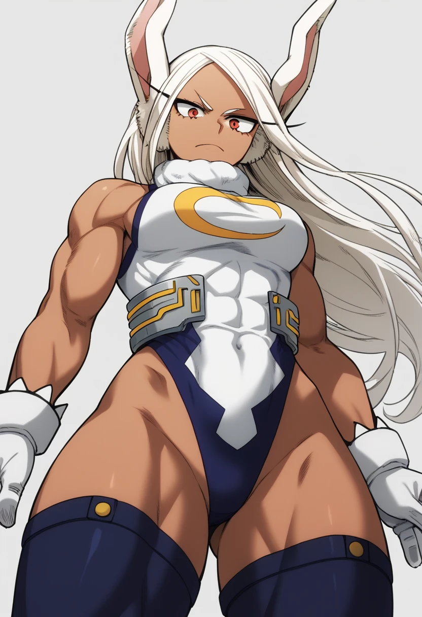Score_9, score_8_up, score_7_up, source_anime, from below, solo, 1girl, rumi usagiyama, long hair, animal ears, white hair, dark skin, rabbit ears, dark-skinned female, muscular, rabbit girl, muscular female, red eyes, parted bangs,thighhighs, gloves, sleeveless, white gloves, leotard, turtleneck, highleg, highleg leotard, fur collar, sleeveless turtleneck, turtleneck leotard, sleeveless turtleneck leotard, crescent print,