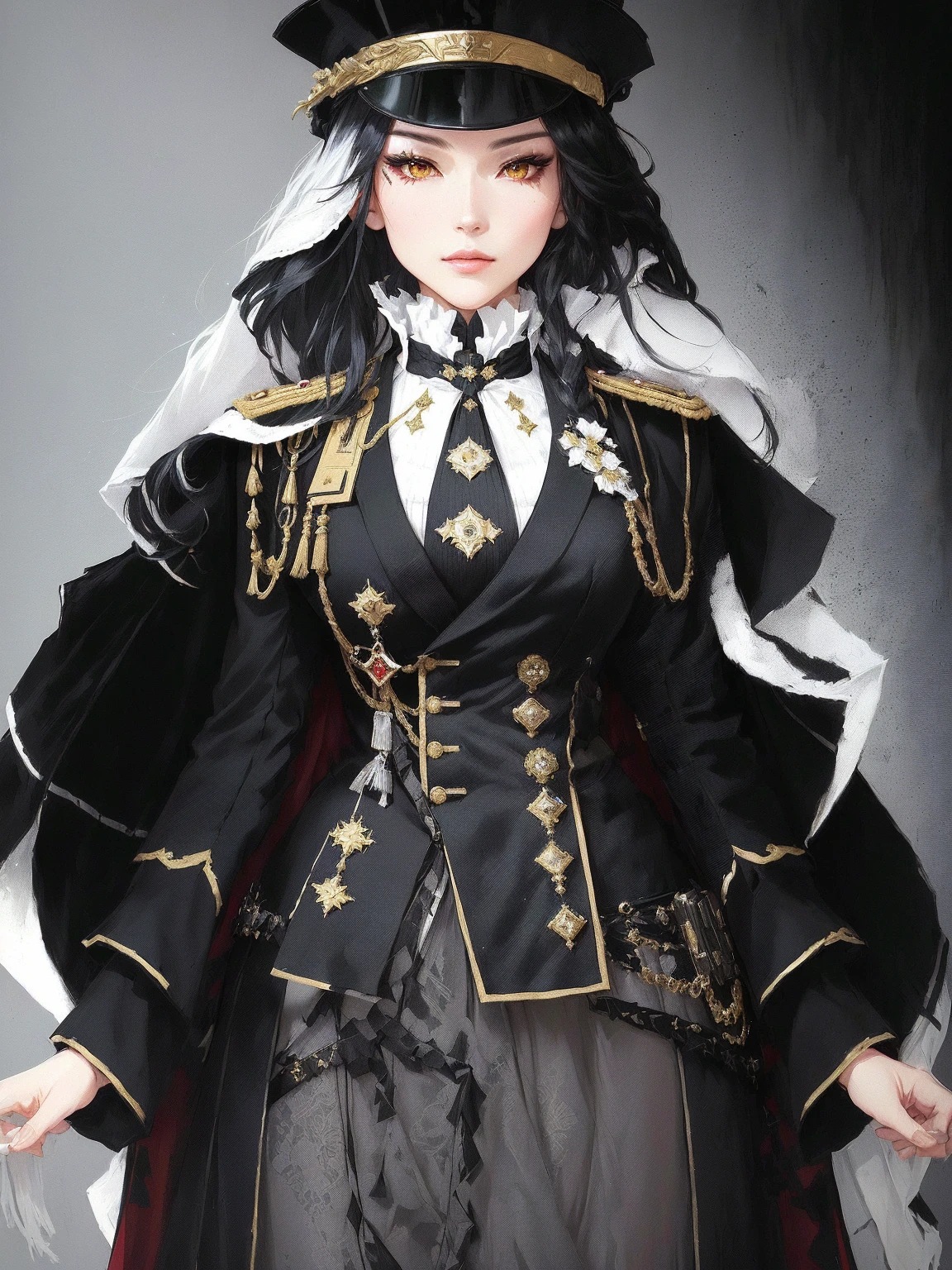 there is a picture of a woman in a costume on a screen, girls frontline style, from girls frontline, very detailed and rich clothing, ((wearing aristocrat robe)), !!full body portrait!!, highly detailed full body, royal attire akira, full body adoptable, full body xianxia, inspired by Li Chevalier, beautiful androgynous prince, a millitary general with black and white hair, a red and green clockwork eyes. She has a millitary designed outfit with a military suit and a tie, military badges, and a military hat