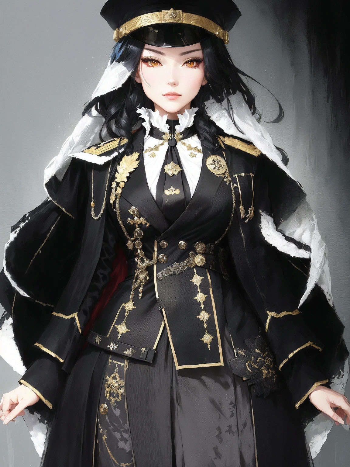there is a picture of a woman in a costume on a screen, girls frontline style, from girls frontline, very detailed and rich clothing, ((wearing aristocrat robe)), !!full body portrait!!, highly detailed full body, royal attire akira, full body adoptable, full body xianxia, inspired by Li Chevalier, beautiful androgynous prince, a millitary general with black and white hair, a red and green clockwork eyes. She has a millitary designed outfit with a military suit and a tie, military badges, and a military hat