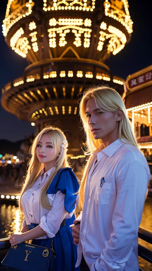Blonde man and woman, just the two of them, dream world, spectacular view, illuminations, dress code, the letter Y on the man's back, the letter M on the woman's back, lovey-dovey, real