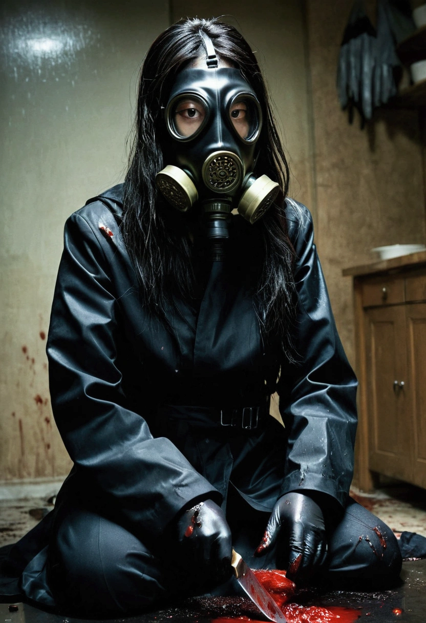 korean girl, (behind corpse, gas mask), holding knife, stabbing, black gloves, room full of blood, black raincoat, holding knife, black gloves, behind corpse, blood splatter, black wet suit, night, mass murderer, robbery, dark atmosphere, cinematic lighting, atmospheric realistic,