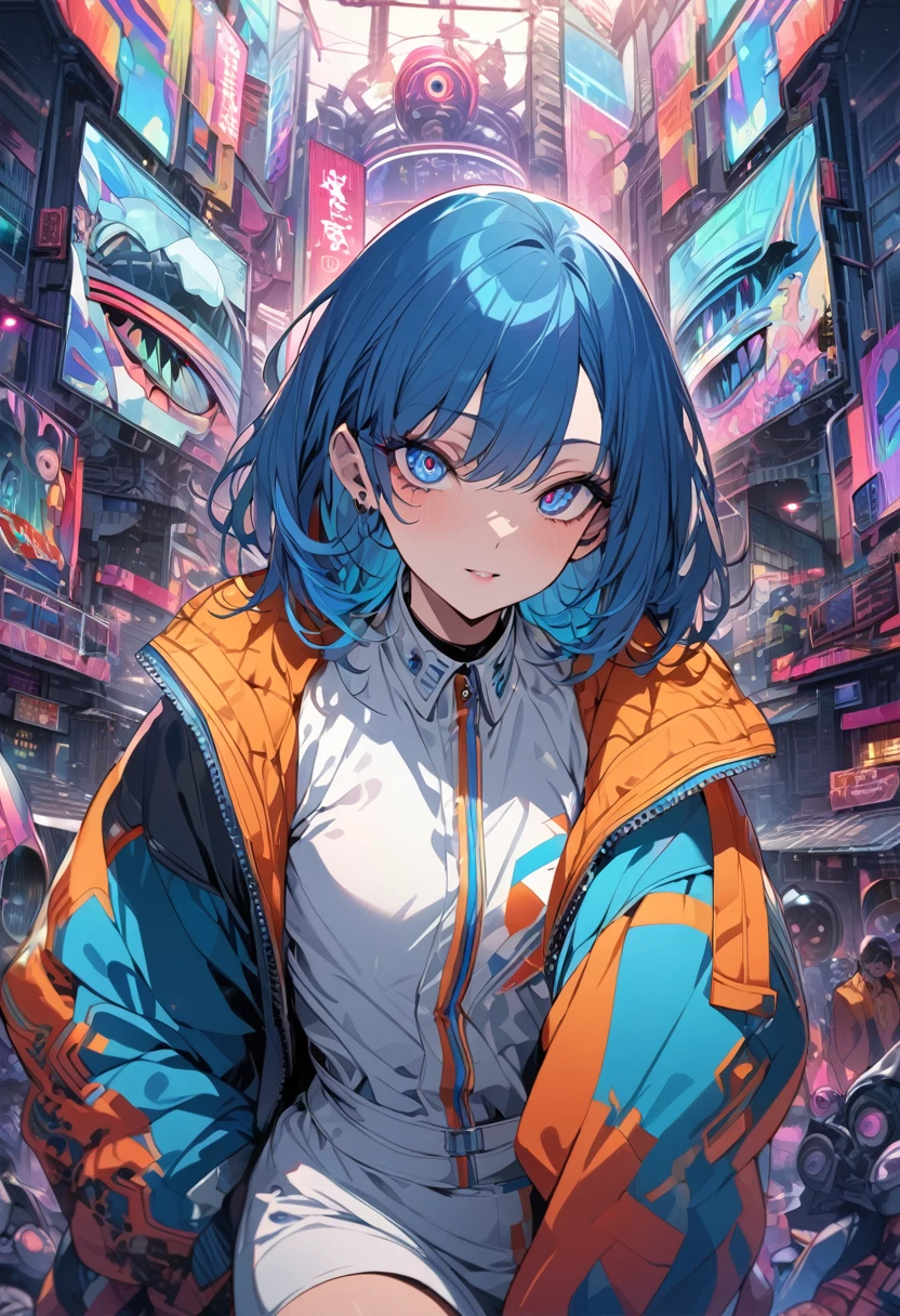 (masterpiece,detailed,High resolution:1.4) , Model shoot, close, detailed face, fine detailed eyes,, (kirishima touka),Blue middle hair,ghoul eyes,Retro Jacket,Tokyo Ghoul,Retrofuturism background, Vibrant colors, High resolution,, , 