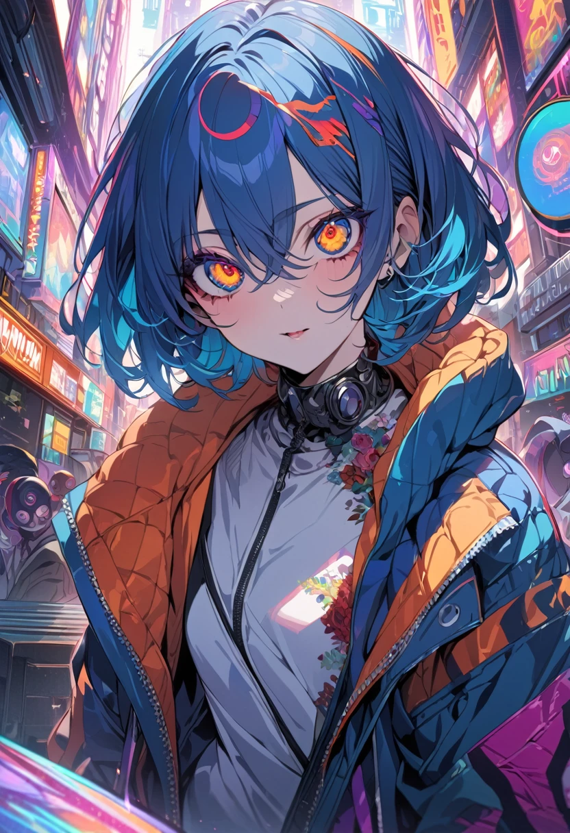 (masterpiece,detailed,High resolution:1.4) , Model shoot, close, detailed face, fine detailed eyes,, (kirishima touka),Blue middle hair,ghoul eyes,Retro Jacket,Tokyo Ghoul,Retrofuturism background, Vibrant colors, High resolution,, , 