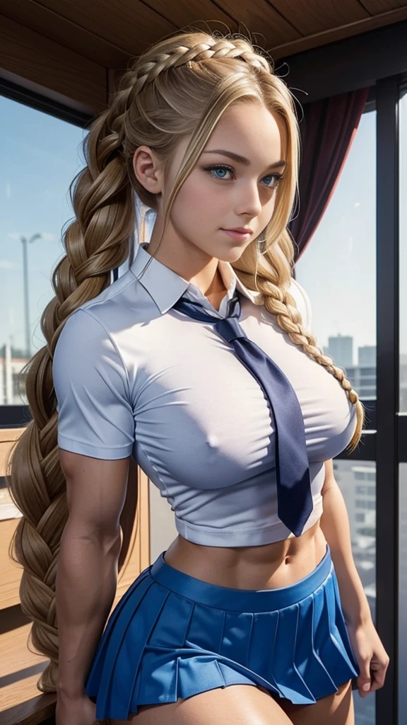 (muscular beautiful cute teenager girl Sofia Flax), huge strong biceps volume, huge exposed chest muscles volume, strong bodybuilder muscles, exposed abs skin, (huge firm breasts volume), university background, long blonde braids blue eyes, cute slight smile, (tight student costume suit and tie skirt shirt)