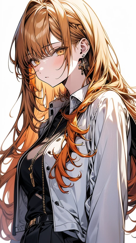 (Top resolution、Distinct_image)top-quality、(A girl) 、masterpiece、highly detailed, half body, Semi-realistic、 ( yellow eyes ) 、18year old,
( orange hair ) ,young , (yellow inside), Facial features ,variation potrait, long hair , age, cool , cold sharp eyes, , {Very detailed 8k CG unit wallpaper}, students, (white oversized shirt ) ,music club background, Handsome,cool musician