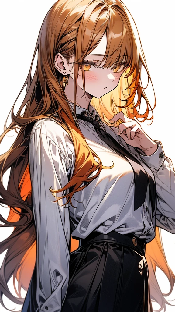 (Top resolution、Distinct_image)top-quality、(A girl) 、masterpiece、highly detailed, half body, Semi-realistic、 ( yellow eyes ) 、18year old,
( orange hair ) ,young , (yellow inside), Facial features ,variation potrait, long hair , age, cool , cold sharp eyes, , {Very detailed 8k CG unit wallpaper}, students, (white oversized shirt ) ,music club background, Handsome,cool musician
