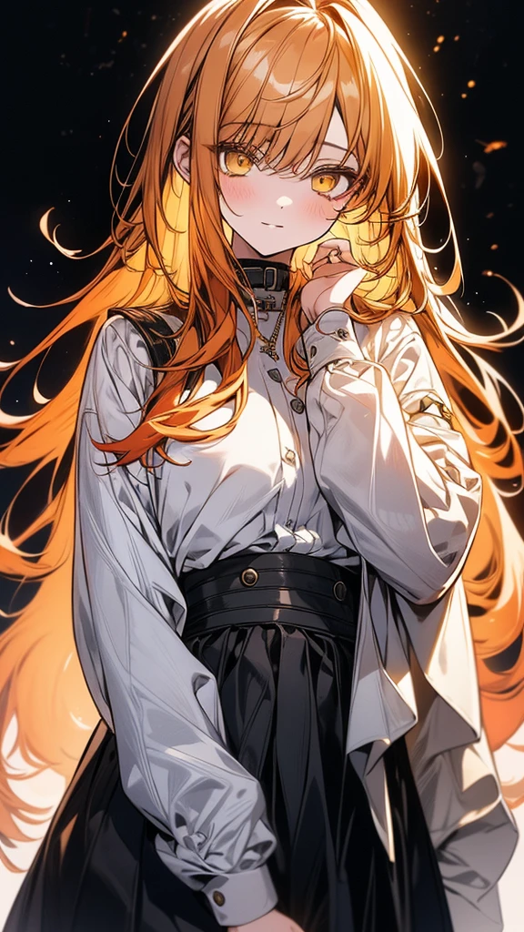 (Top resolution、Distinct_image)top-quality、(A girl) 、masterpiece、highly detailed, half body, Semi-realistic、 ( yellow eyes ) 、18year old,
( orange hair ) ,young , (yellow inside), Facial features ,variation potrait, long hair , teenage, cool , cold sharp eyes, , {Very detailed 8k CG unit wallpaper}, students, (white oversized shirt ) ,music club background, Handsome,cool musician