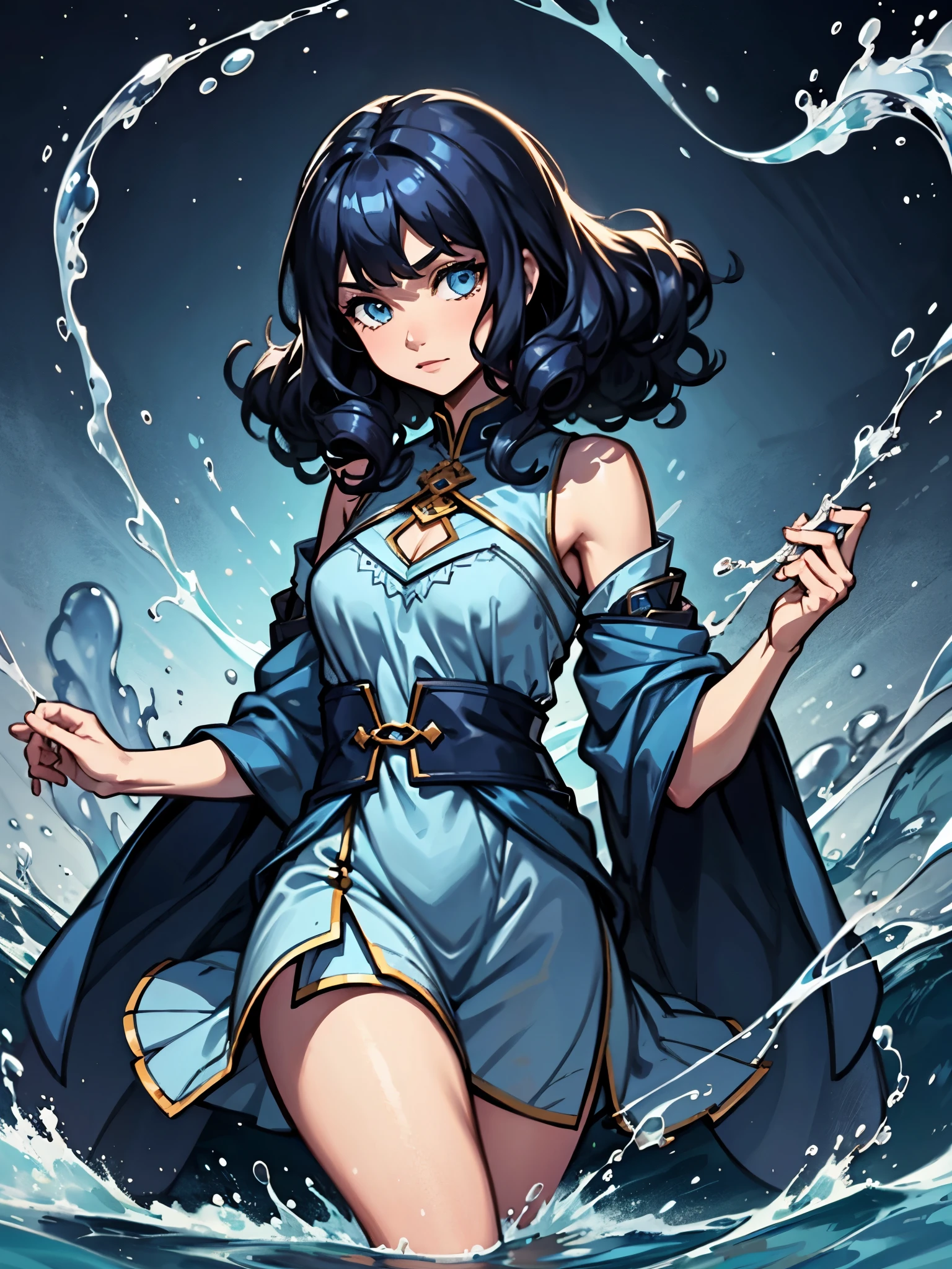 girl，Dark blue hair，curls，Water Element，Blue clothes，cute，Fair，Mage